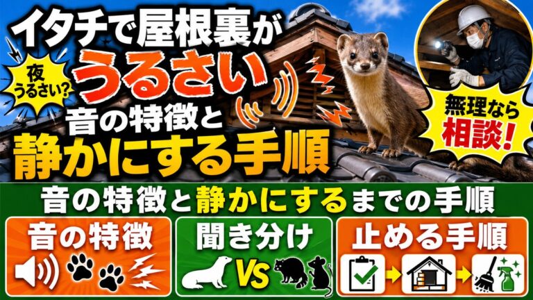 イタチで屋根裏がうるさい｜音の特徴と静かにするまでの手順｜屋根の上のイタチと屋根裏を調査する作業員、騒音と聞き分けのイメージ