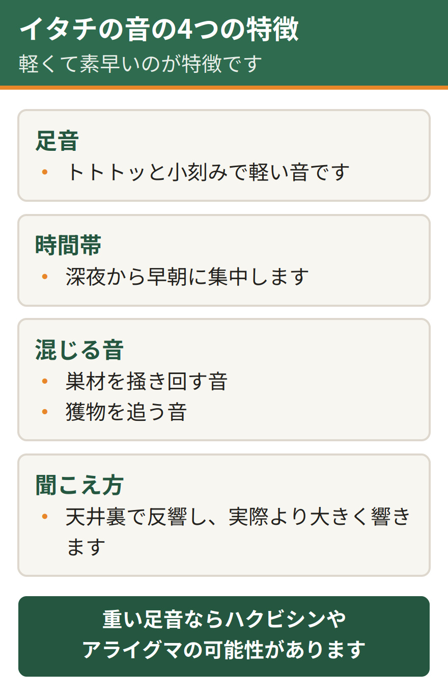 イタチの屋根裏の音の4つの特徴。トトトッと小刻みで軽い足音、深夜から早朝に集中する、巣材を掻き回す音や獲物を追う音が混じる、天井裏で反響して実際より大きく聞こえる。軽くて素早い音がイタチの特徴