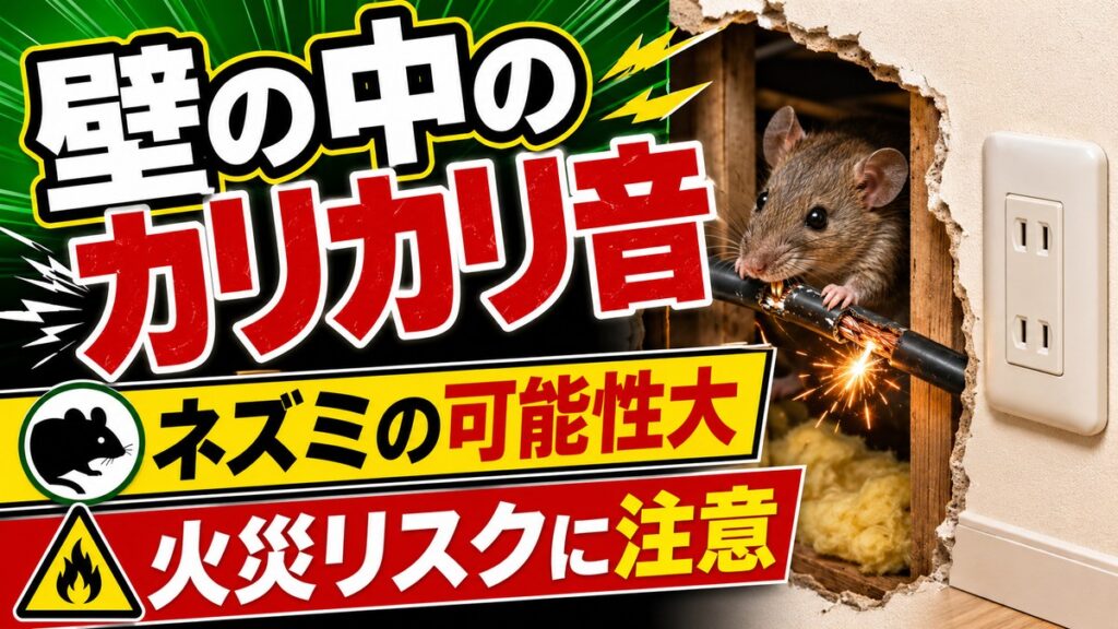 壁の中のカリカリ音｜正体は歯を削るネズミと火災リスク｜壁の穴から電気配線をかじるネズミと火花、コンセントのイメージ