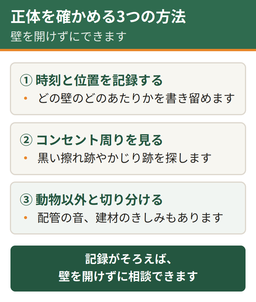 壁の中の音の正体を確かめる3つの方法。音がした時刻と鳴る位置を記録する、コンセント周りとラットサインを探す、動物ではない音と切り分ける