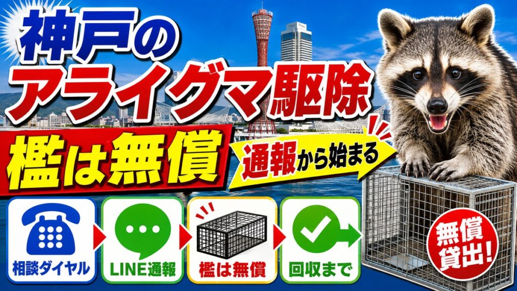 神戸のアライグマ駆除｜檻は無償だが通報から始まる手順｜相談ダイヤル・LINE通報・無償の檻・回収までの流れを示したイラスト
