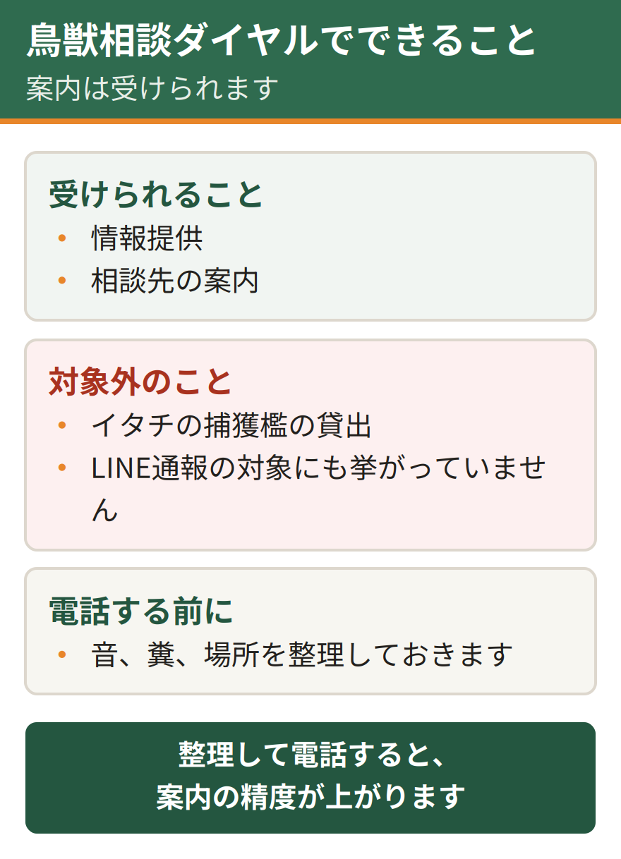 神戸市鳥獣相談ダイヤルでできることとできないこと。情報提供と案内は受けられるが、イタチについては捕獲檻の貸出は対象外となる。LINEの通報もイタチは対象に挙がっていない