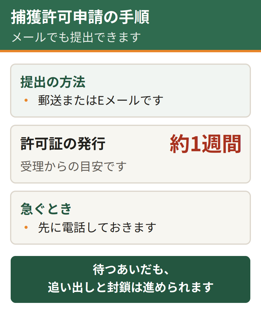 神戸市の捕獲許可申請の手順。郵送またはEメールで提出し、受理から約1週間で許可証が発行される。急ぐときは先に電話する