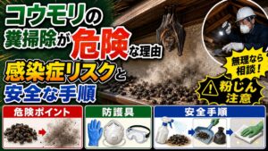 コウモリの糞掃除が危険な理由｜感染症リスクと安全な手順｜屋根裏のコウモリと積もった糞から舞う粉じん、防護具を着けた作業員のイメージ