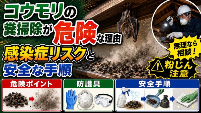コウモリの糞掃除が危険な理由｜感染症リスクと安全な手順｜屋根裏のコウモリと積もった糞から舞う粉じん、防護具を着けた作業員のイメージ