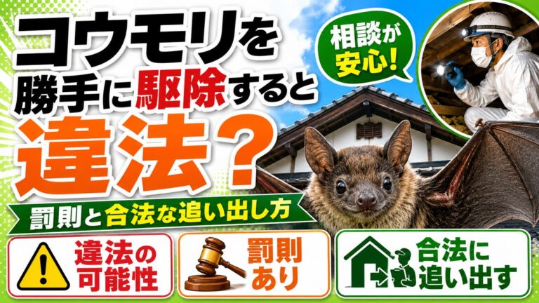 コウモリを勝手に駆除すると違法？罰則と合法な追い出し方｜屋根裏を調査する作業員とコウモリ、違法の可能性と罰則を示すアイコン
