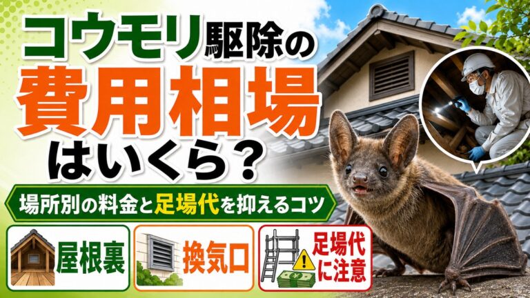 コウモリ駆除の費用相場｜場所別の料金と足場代を抑えるコツ｜屋根裏を調査する作業員とコウモリ、屋根裏・換気口・足場代注意のアイコン