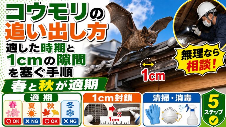 コウモリの追い出し方｜適した時期と1cmの隙間を塞ぐ手順｜軒下を飛ぶコウモリと屋根裏を調査する作業員、春と秋の適期と1センチの隙間封鎖のイメージ
