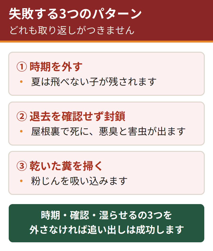 コウモリの追い出しで失敗する3つのパターン。夏の子育て期に追い出すと飛べない子が取り残されて死ぬ、退去を確認せずに封鎖すると屋根裏で死んで悪臭と害虫が発生する、乾いた糞を掃くと粉じんを吸い込み感染症のリスクがある