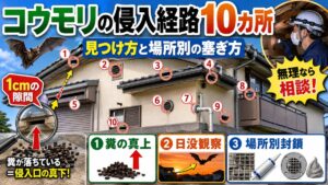 コウモリの侵入経路10カ所｜見つけ方と場所別の塞ぎ方｜住宅の10カ所の侵入口と1センチの隙間、糞から侵入口をたどるイメージ