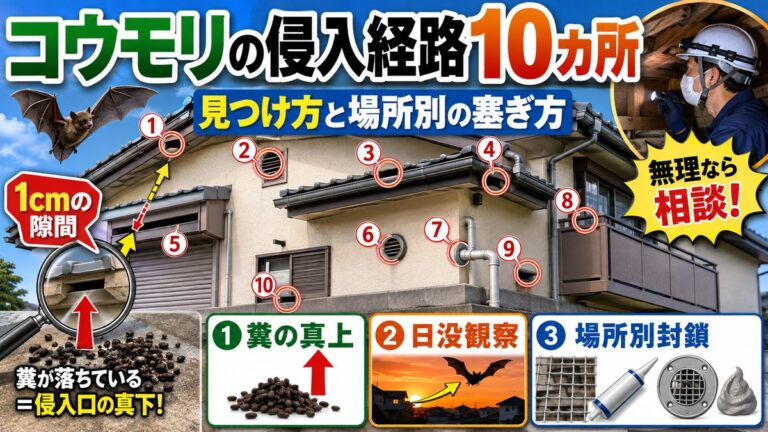 コウモリの侵入経路10カ所｜見つけ方と場所別の塞ぎ方｜住宅の10カ所の侵入口と1センチの隙間、糞から侵入口をたどるイメージ
