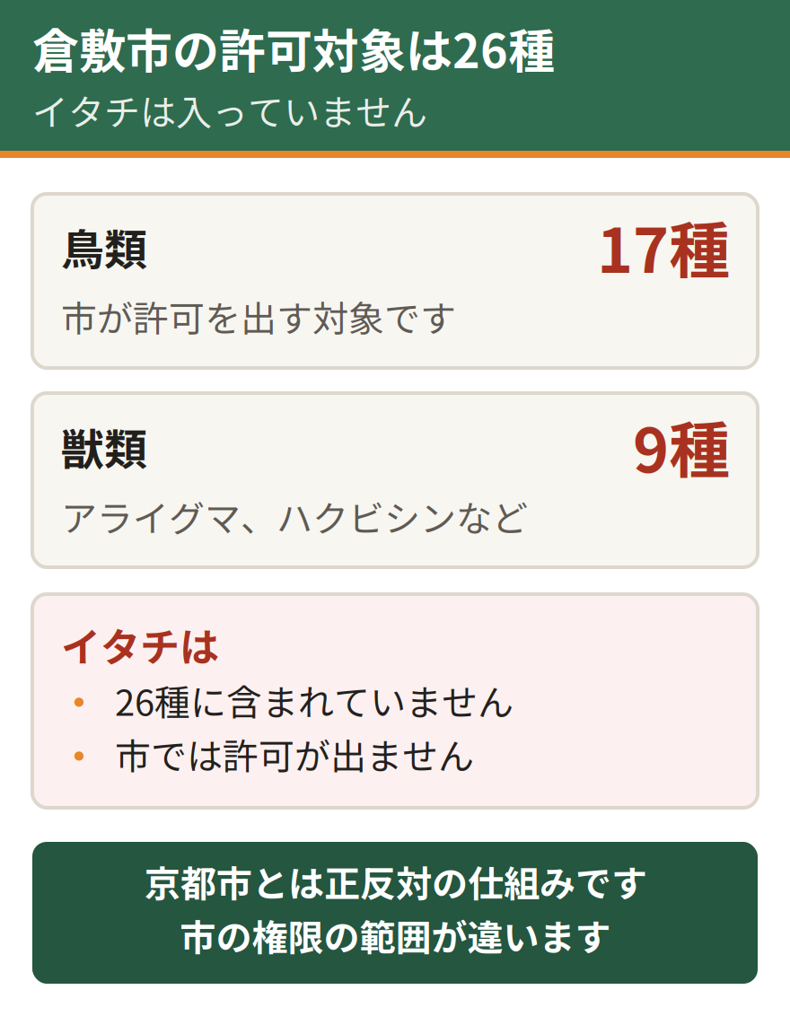 倉敷市の有害鳥獣捕獲の許可対象は26種。鳥類17種と獣類9種からなる。獣類9種のなかにイタチは含まれていない