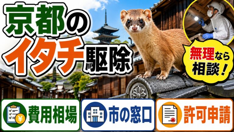 京都のイタチ駆除｜費用相場と市の窓口・捕獲許可の申請先｜京町家の瓦屋根に立つイタチと屋根裏を調査する作業員、費用相場・市の窓口・許可申請のアイコン