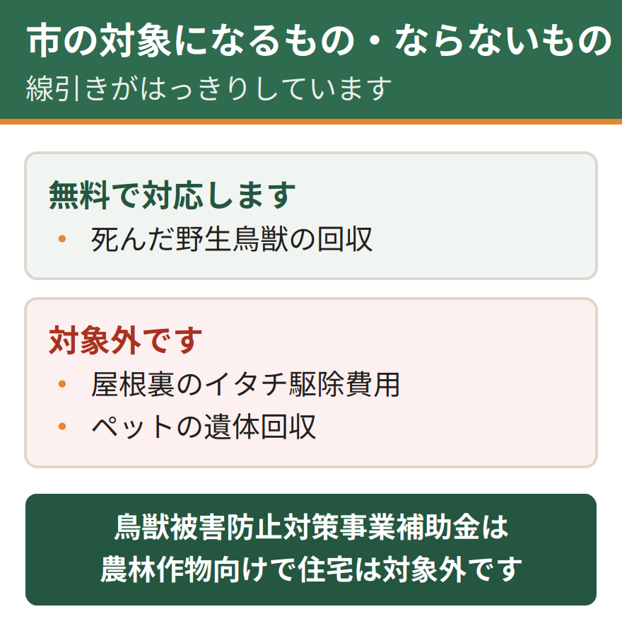 京都市の行政サービスの対象範囲。死んだ野生鳥獣の回収は無料で行われる。一方で屋根裏のイタチ駆除費用と、ペットの遺体回収は対象外となる