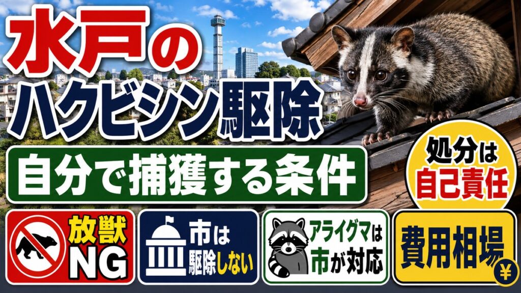 水戸のハクビシン駆除｜自分で捕獲する条件と処分の責任・費用｜水戸市街を背景に瓦屋根の上のハクビシン、放獣NG・市は駆除しない・アライグマは市が対応のアイコン
