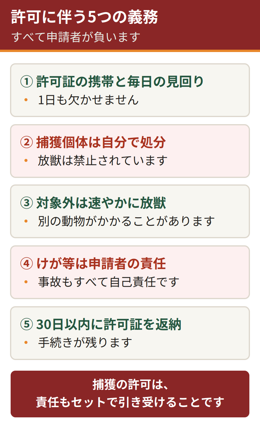 水戸市の捕獲許可に伴う5つの義務。許可証の携帯と毎日の見回り、捕獲個体は申請者が処分すること、対象外の鳥獣は速やかに放獣すること、けが等はすべて申請者の責任となること、30日以内に許可証を返納すること