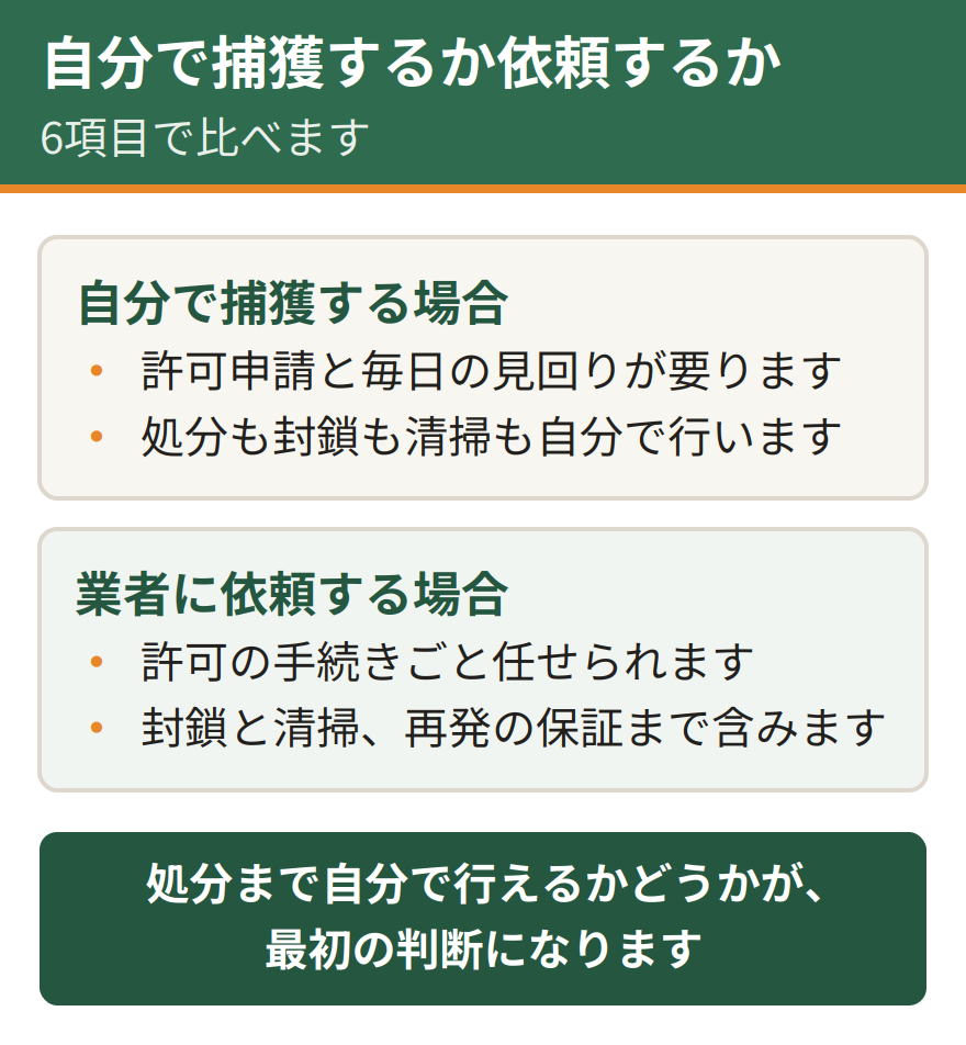 自分で捕獲する場合と業者に依頼する場合の比較。許可申請、毎日の見回り、捕獲個体の処分、侵入口の封鎖、清掃と消毒、費用の6項目で比べる