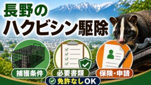 長野のハクビシン駆除｜免許なしで捕獲する条件と必要書類｜北アルプスと市街地を背景に瓦屋根の上のハクビシン、箱わな・必要書類・保険申請のアイコン