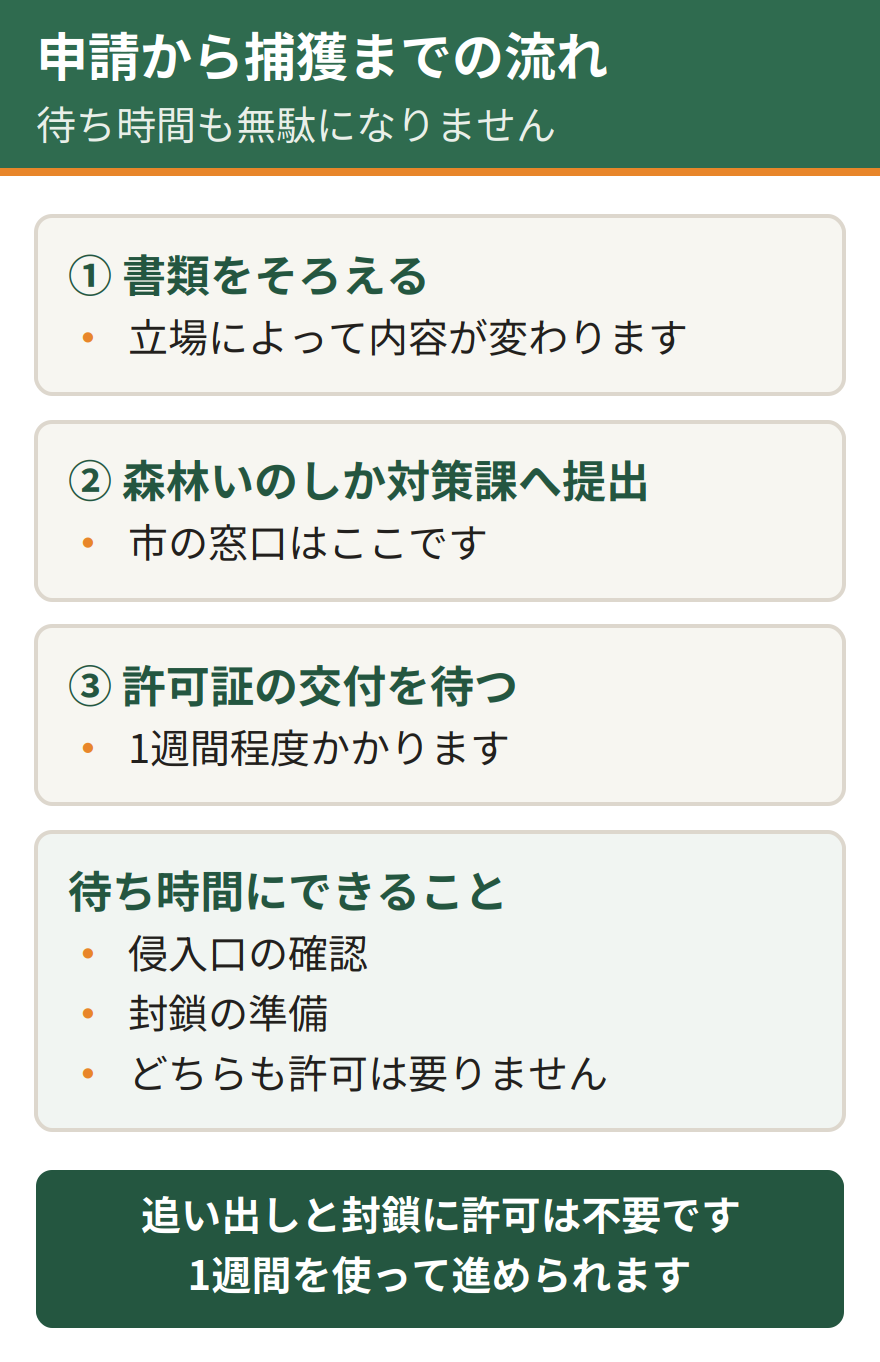 長野市で申請から捕獲までの流れ。書類をそろえる、森林いのしか対策課へ提出する、許可証の交付を待つ。待ち時間のあいだに侵入口の確認と封鎖の準備を進められる