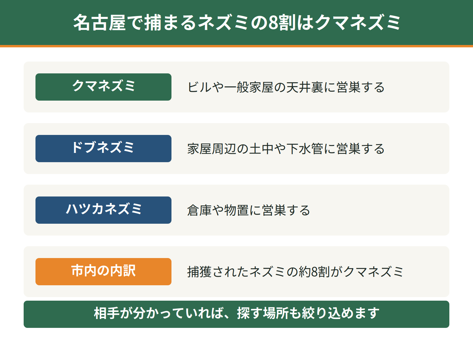 名古屋市に出るイエネズミ3種の営巣場所｜クマネズミは天井裏、ドブネズミは土中や下水管、ハツカネズミは倉庫や物置