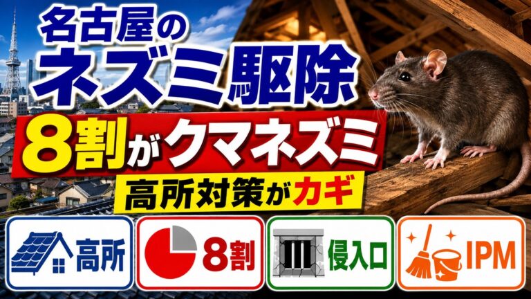 名古屋のネズミ駆除｜捕獲の8割がクマネズミという前提｜高所対策・8割の内訳・侵入口・IPMを示したイラスト