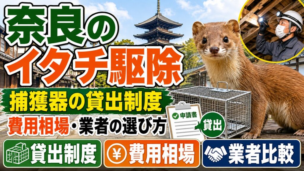 奈良のイタチ駆除｜捕獲器の貸出制度と費用相場・業者の選び方｜奈良の町並みと五重塔を背景にしたイタチ、捕獲器と申請書、屋根裏を調査する作業員