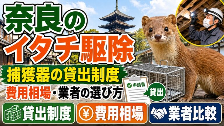 奈良のイタチ駆除｜捕獲器の貸出制度と費用相場・業者の選び方｜奈良の町並みと五重塔を背景にしたイタチ、捕獲器と申請書、屋根裏を調査する作業員