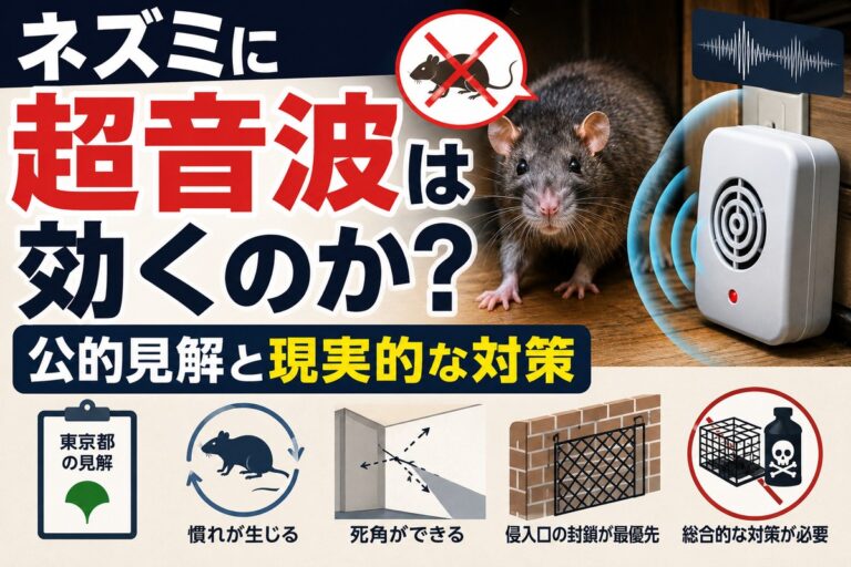 ネズミに超音波は効くのか｜公的見解と現実的な対策｜超音波装置とネズミ、慣れと死角の問題を示すイメージ