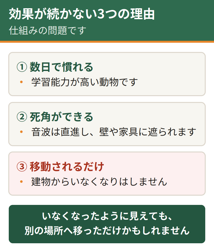 超音波の効果が続かない3つの理由。学習能力が高く数日で慣れてしまう、音波は直進するため壁や家具に遮られて死角ができる、追い払っても別のルートへ移動されるだけで建物からいなくなるわけではない