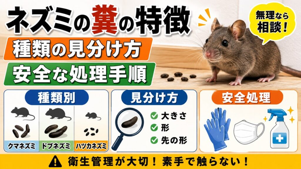 ネズミの糞の特徴｜種類の見分け方と安全な処理手順｜床に落ちた糞とネズミ、種類別の比較と防護具のイメージ