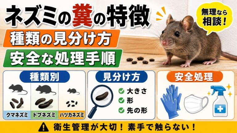 ネズミの糞の特徴｜種類の見分け方と安全な処理手順｜床に落ちた糞とネズミ、種類別の比較と防護具のイメージ