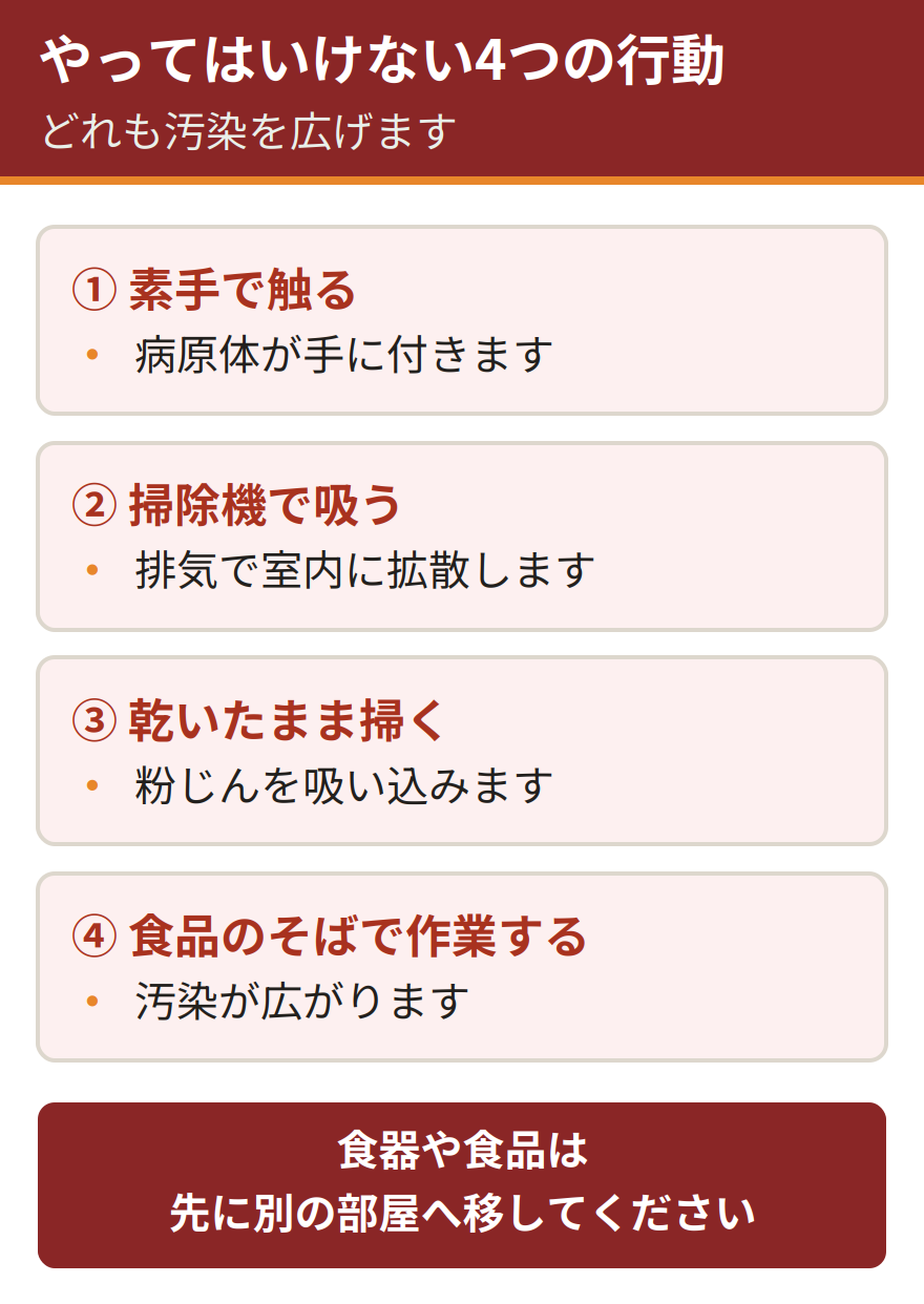 ネズミの糞の処理でやってはいけない4つの行動。素手で触ると病原体が手に付着する、掃除機で吸うと排気で室内に拡散する、乾いたまま掃くと粉じんを吸い込む、食品のそばで作業すると汚染が広がる