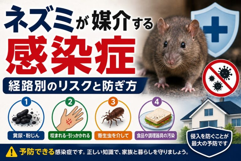 ネズミが媒介する感染症｜経路別のリスクと防ぎ方｜大きなネズミと防護シールド、糞尿・咬傷・寄生虫・食品汚染という4つの感染経路のアイコン、住宅のイメージ