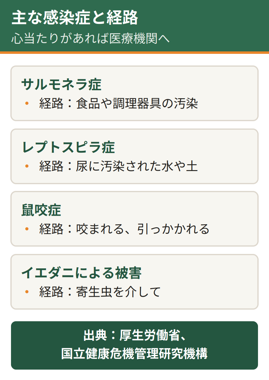ネズミが関わる主な感染症と経路の対応。サルモネラ症は食品や調理器具の汚染、レプトスピラ症は尿に汚染された水や土との接触、鼠咬症は咬まれることや引っかかれること、イエダニによる被害は寄生虫を介したもの。出典は厚生労働省と国立健康危機管理研究機構