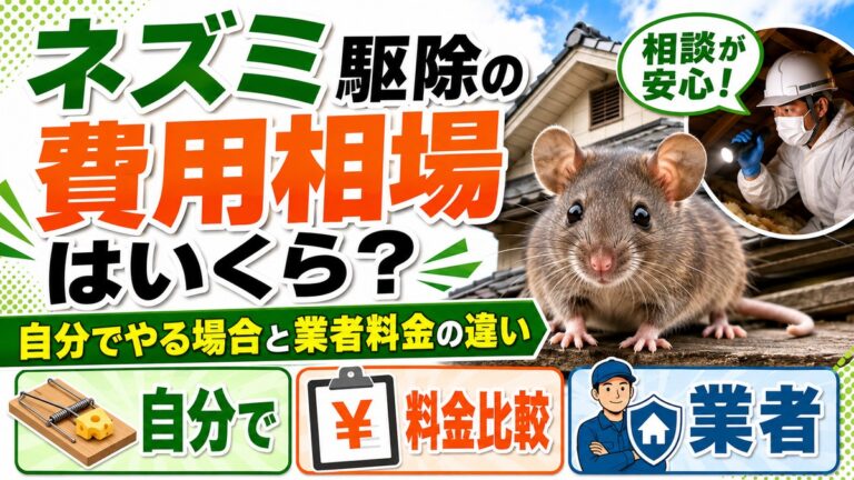 ネズミ駆除の費用相場｜自分でやる場合と業者料金の違いを解説｜屋根裏を調査する作業員とネズミ、罠と料金比較のイメージ