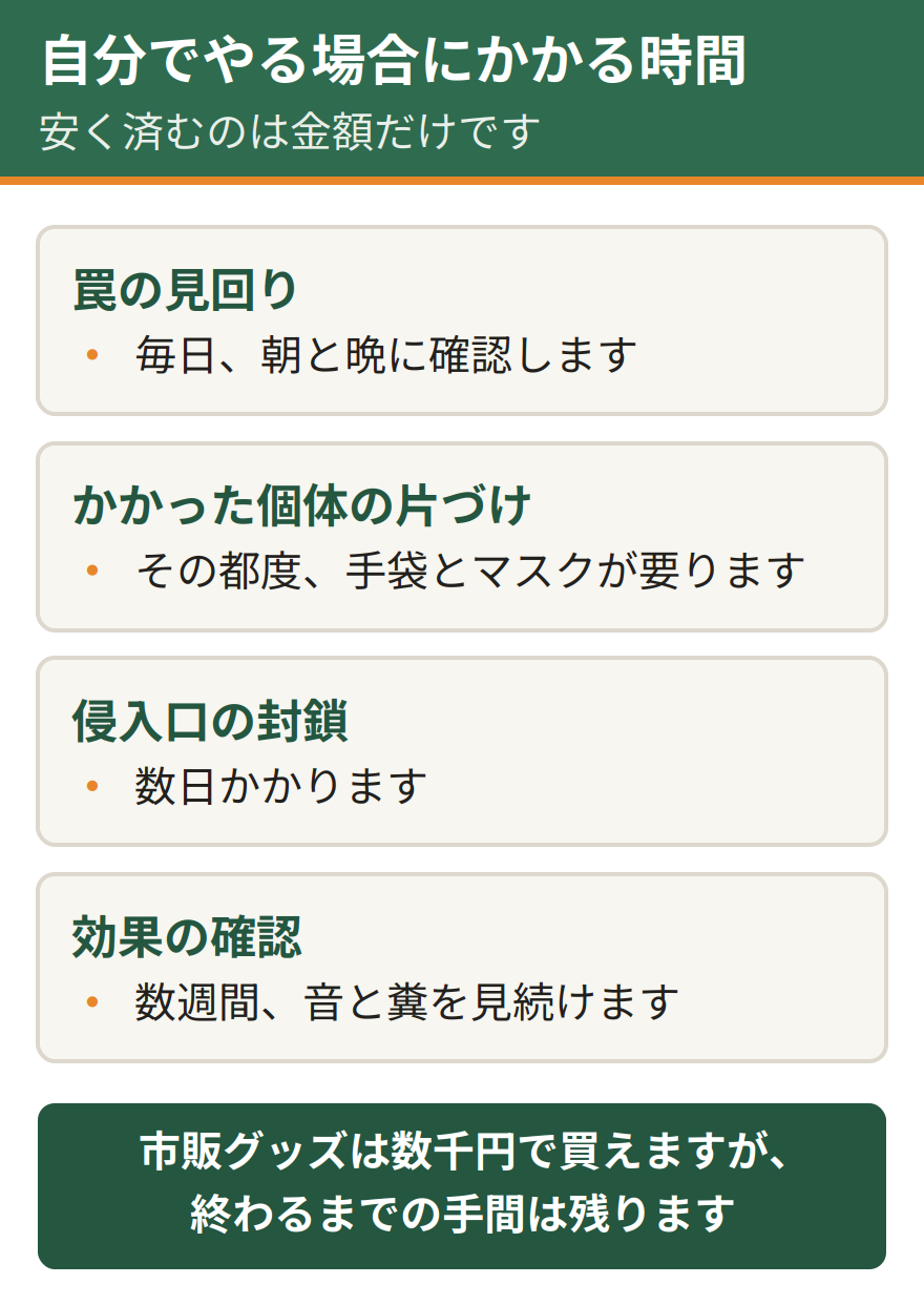自分でネズミ駆除をする場合にかかる時間。罠の見回りが毎日、かかった個体の片づけがその都度、侵入口の封鎖が数日、効果の確認に数週間かかる。費用は抑えられても再発対策には限界がある