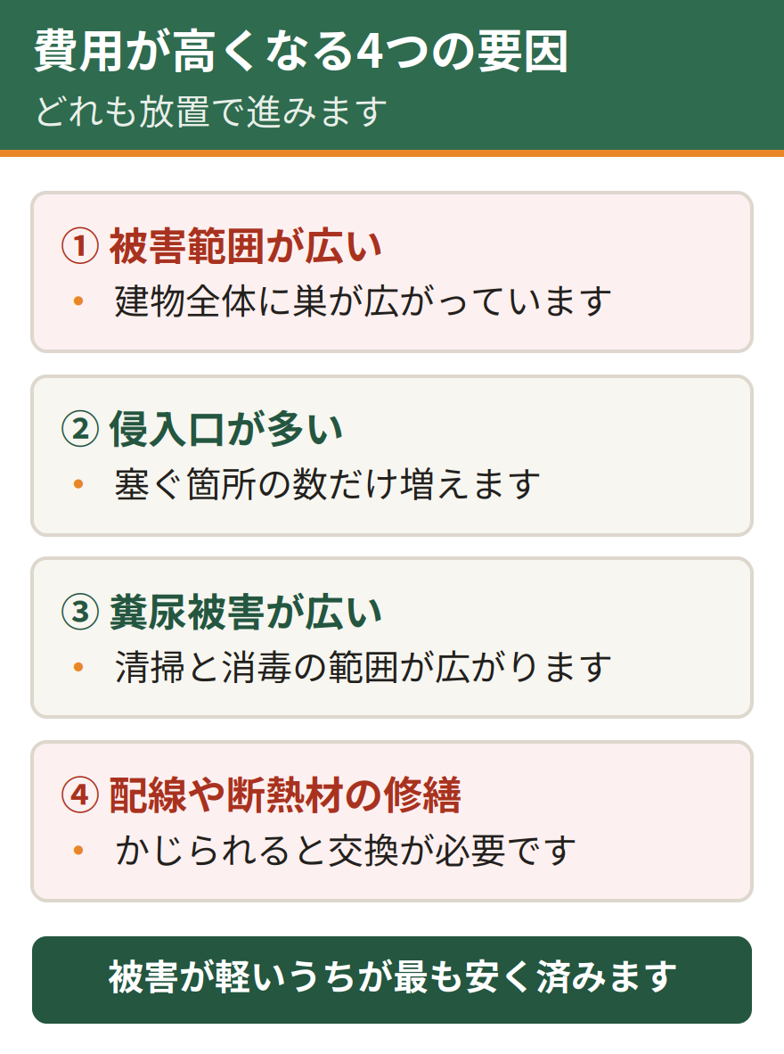 ネズミ駆除の費用が高くなる4つの要因。被害範囲が広く建物全体に巣が広がっている、侵入口が多く封鎖する箇所が増える、糞尿被害で清掃と消毒の範囲が広い、断熱材や配線がかじられ修繕が必要になる