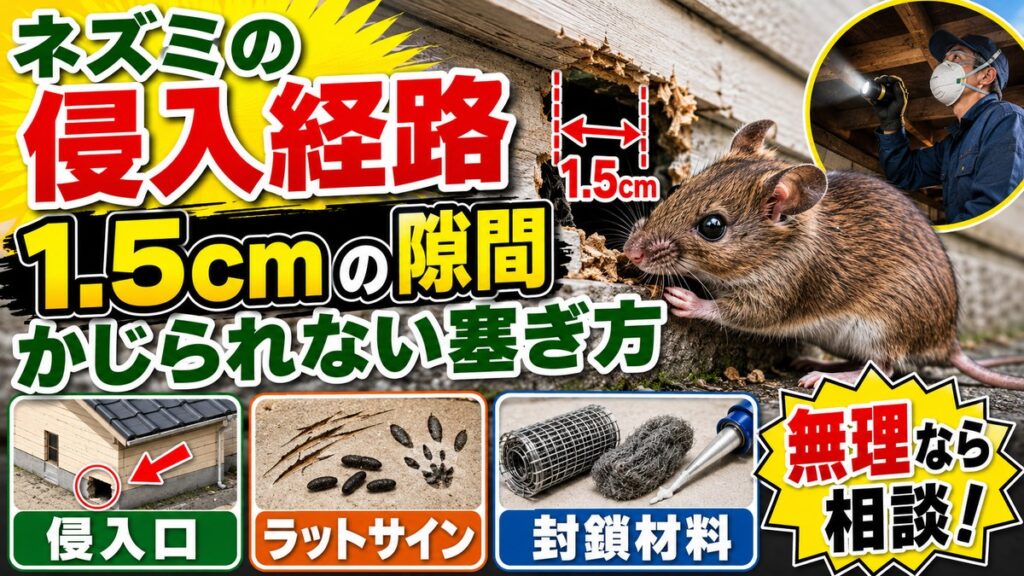 ネズミの侵入経路｜1.5cmの隙間とかじられない塞ぎ方｜外壁のかじり穴とネズミ、ラットサインと封鎖材料のイメージ