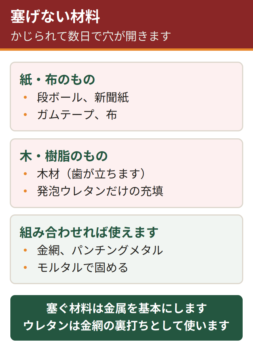 ネズミの封鎖に使ってはいけない材料。段ボールと新聞紙はかじられて数日で穴が開く。木材は歯が立つため単体では塞げない。発泡ウレタンだけの充填はかじり抜かれる。ガムテープと布は固定にしかならない。金網やパンチングメタル、モルタルと組み合わせる必要がある