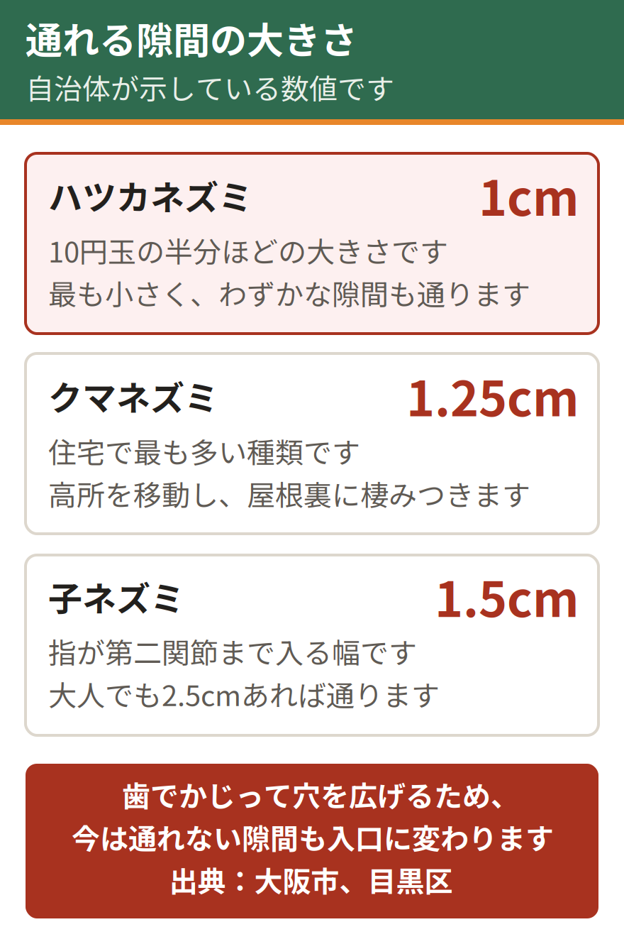 ネズミが通れる隙間の大きさ。ハツカネズミは1センチで10円玉の半分ほど、クマネズミは1.25センチ、子ネズミは1.5センチで指が第二関節まで入る幅。大人のネズミでも2.5センチあれば通る。さらに歯でかじって穴を広げるため、小さな隙間も塞ぐ必要がある。出典は大阪市と目黒区