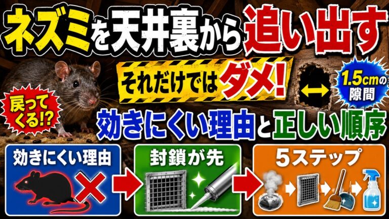 ネズミを天井裏から追い出す｜効きにくい理由と正しい順序｜天井裏のネズミと1.5cmの隙間、封鎖と5ステップのアイコン