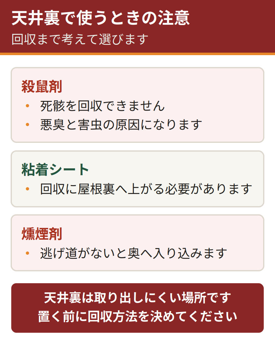 天井裏で駆除グッズを使うときの注意。殺鼠剤は死骸を回収できない、粘着シートは回収のために屋根裏へ上がる必要がある、燻煙剤は逃げ道がないと奥へ入り込ませてしまう