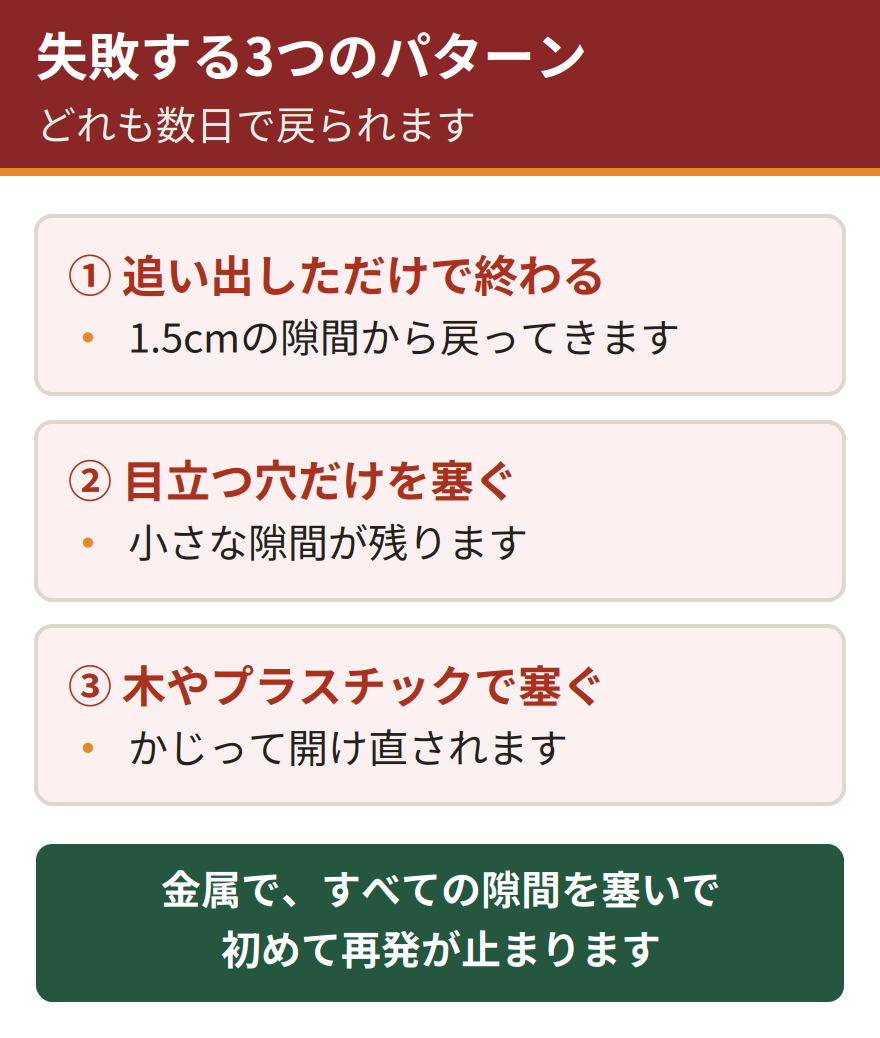 ネズミの追い出しで失敗する3つのパターン。追い出しただけで終わる、目立つ穴だけを塞ぐ、木やプラスチックで塞ぐ
