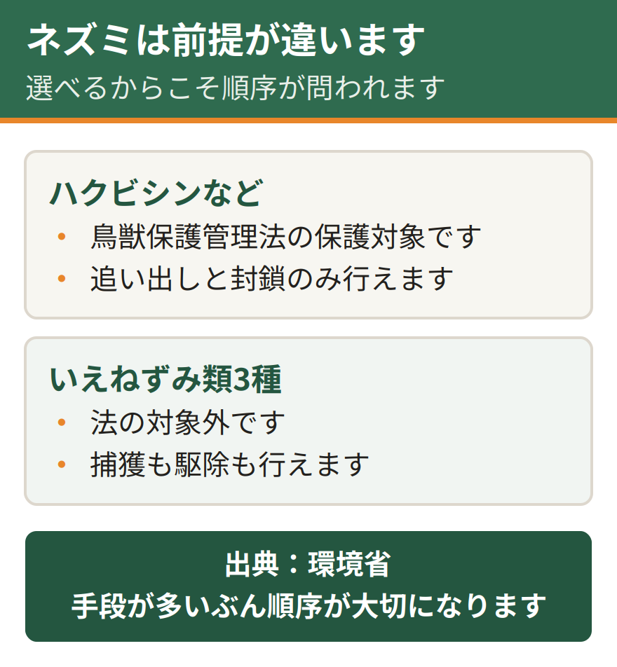ネズミと他の害獣では法律上の前提が違う。ハクビシンなどは鳥獣保護管理法の保護対象で、できるのは追い出しと封鎖のみ。いえねずみ類3種は法第80条により対象外で、捕獲も駆除もできる