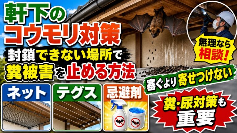軒下のコウモリ対策｜封鎖できない場所で糞被害を止める方法｜軒下にぶら下がるコウモリと外壁の尿の跡、ネットとテグスと忌避剤のイメージ