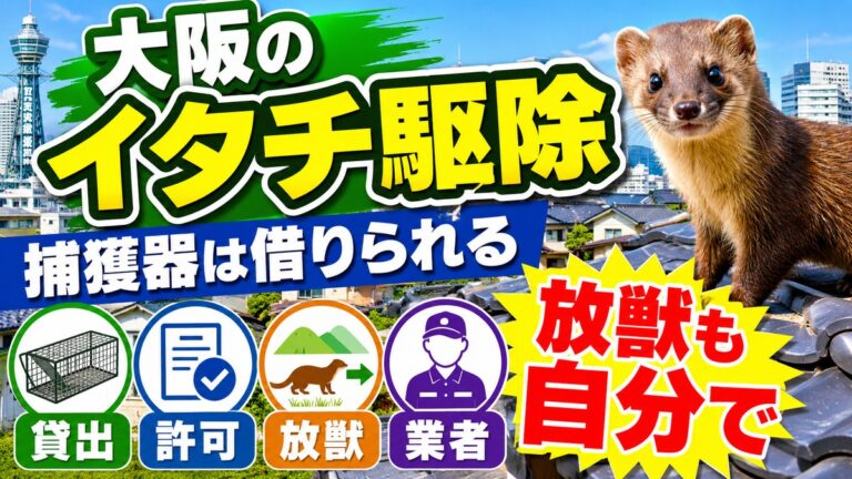 大阪のイタチ駆除｜捕獲器は借りられるが放獣も自分で行う｜貸出・許可・放獣・業者の4つの流れを示したイラスト