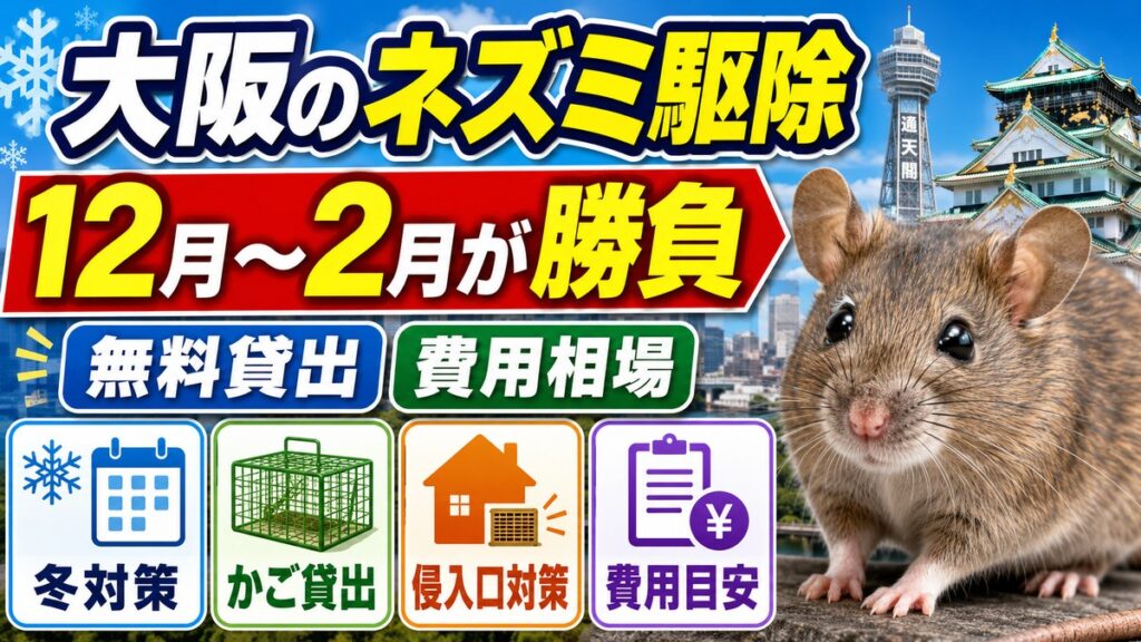 大阪のネズミ駆除｜12月から2月が勝負になる理由と費用相場｜大阪の街並みとネズミ、12月から2月が勝負であることと無料貸出・費用相場を示したアイキャッチ画像