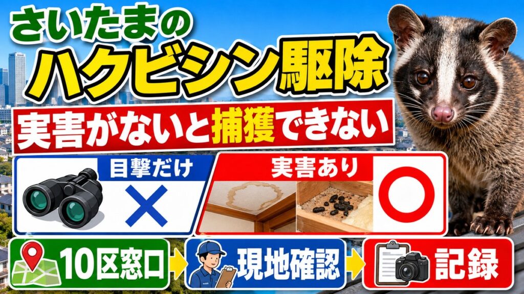 さいたまのハクビシン駆除｜実害がないと捕獲できない理由｜目撃だけでは不可で実害があれば現地確認に進む流れを示したイラスト