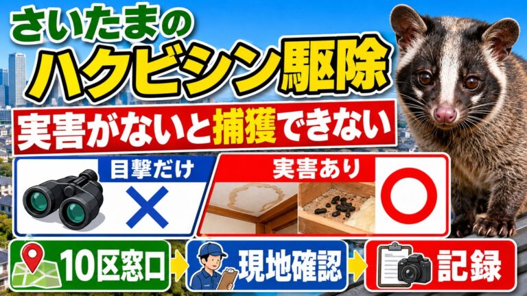 さいたまのハクビシン駆除｜実害がないと捕獲できない理由｜目撃だけでは不可で実害があれば現地確認に進む流れを示したイラスト