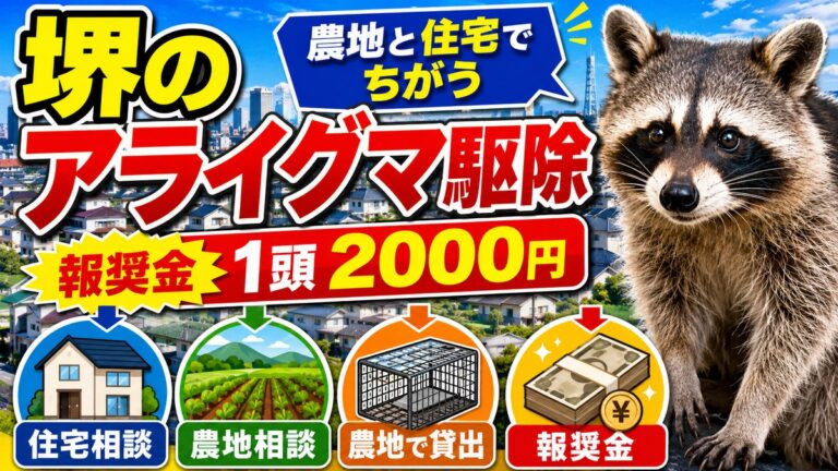 堺のアライグマ駆除｜農地か住宅かで窓口も報奨金も変わる｜住宅相談・農地相談・農地で貸出・報奨金の違いを示したイラスト